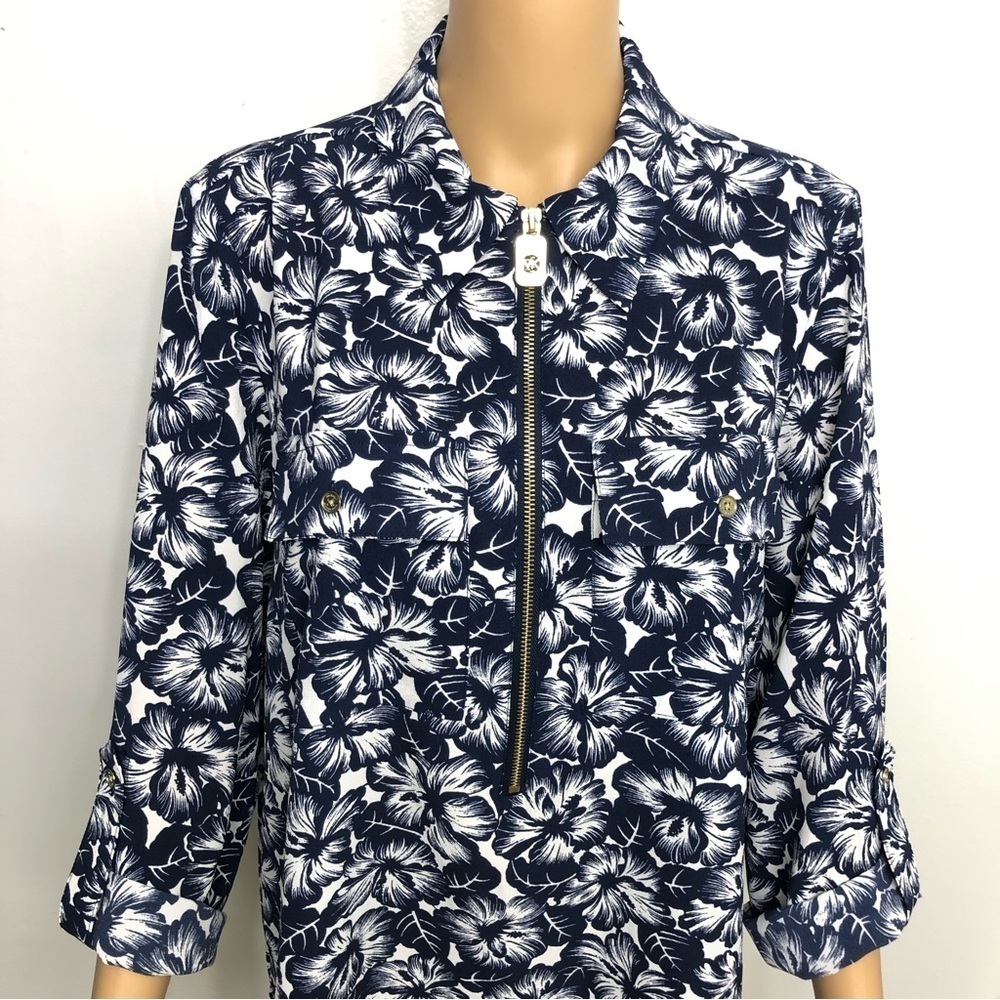 MICHAEL KORS Long Roll-tab Sleeve Floral Blue Hibiscus Tunic Top Blouse Size L - Picture 3 of 14